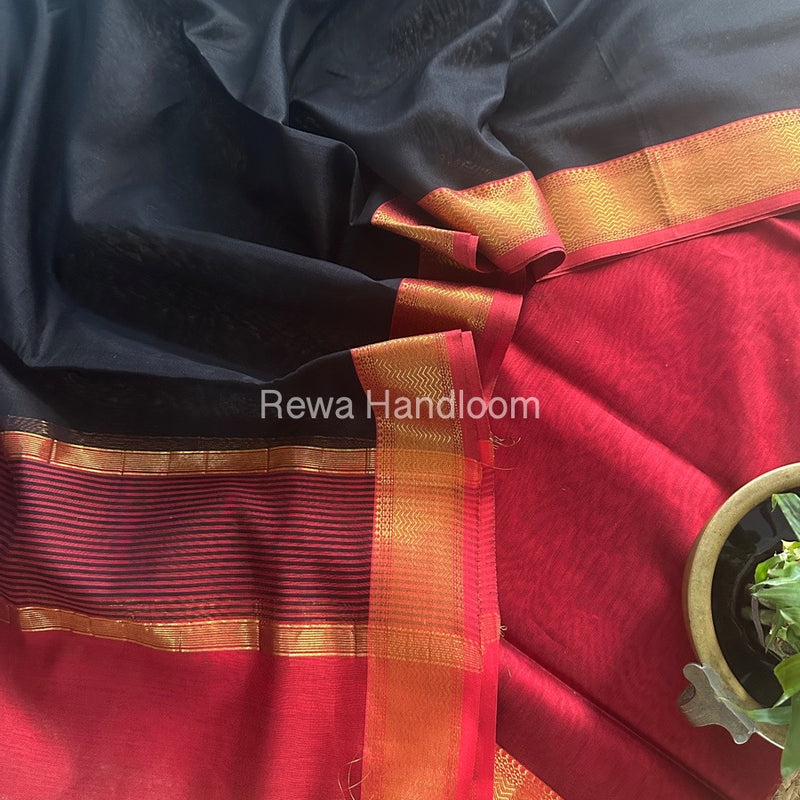 Maheshwari Red-Black Zari Border Dress Material BRD040
