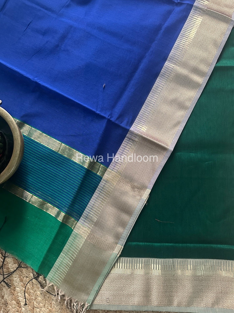 Maheshwari Green-Dark blue Zari Border Dress Material BRD041