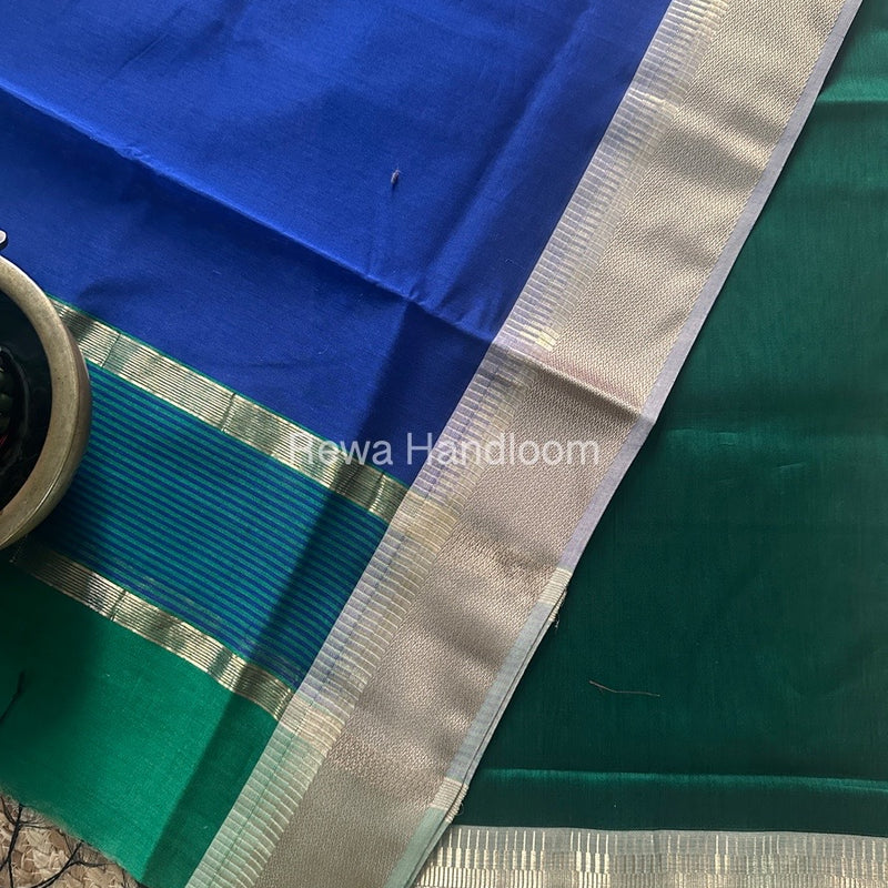Maheshwari Green-Dark blue Zari Border Dress Material BRD041