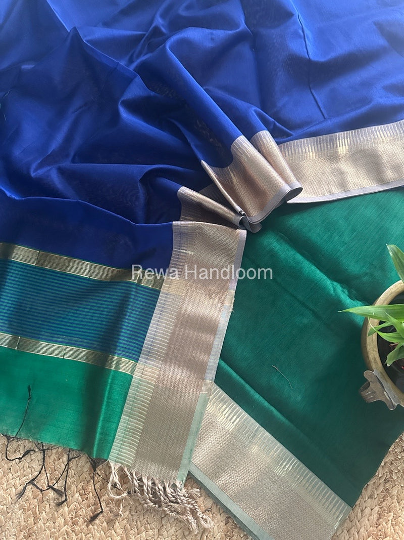 Maheshwari Green-Dark blue Zari Border Dress Material BRD041