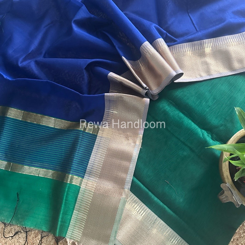 Maheshwari Green-Dark blue Zari Border Dress Material BRD041