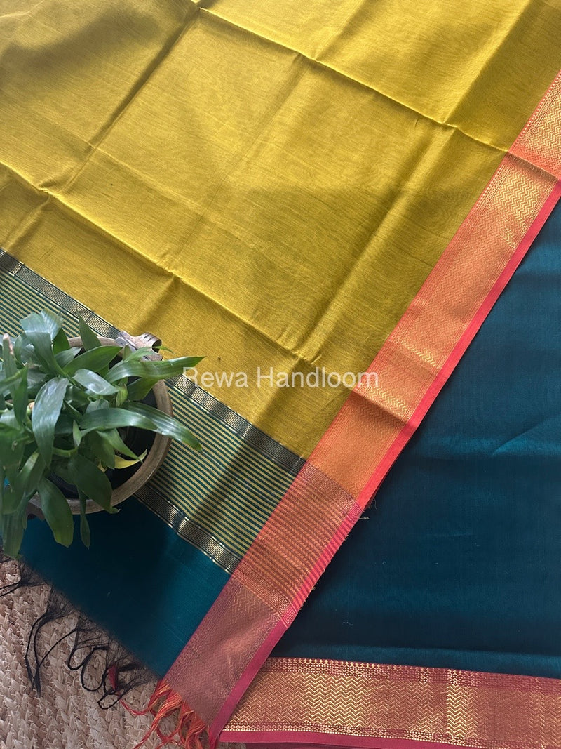 Maheshwari Rama Green-Mustard Yellow Zari Border Dress Material BRD042