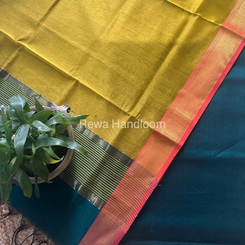 Maheshwari Rama Green-Mustard Yellow Zari Border Dress Material BRD042