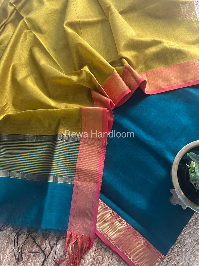 Maheshwari Rama Green-Mustard Yellow Zari Border Dress Material BRD042