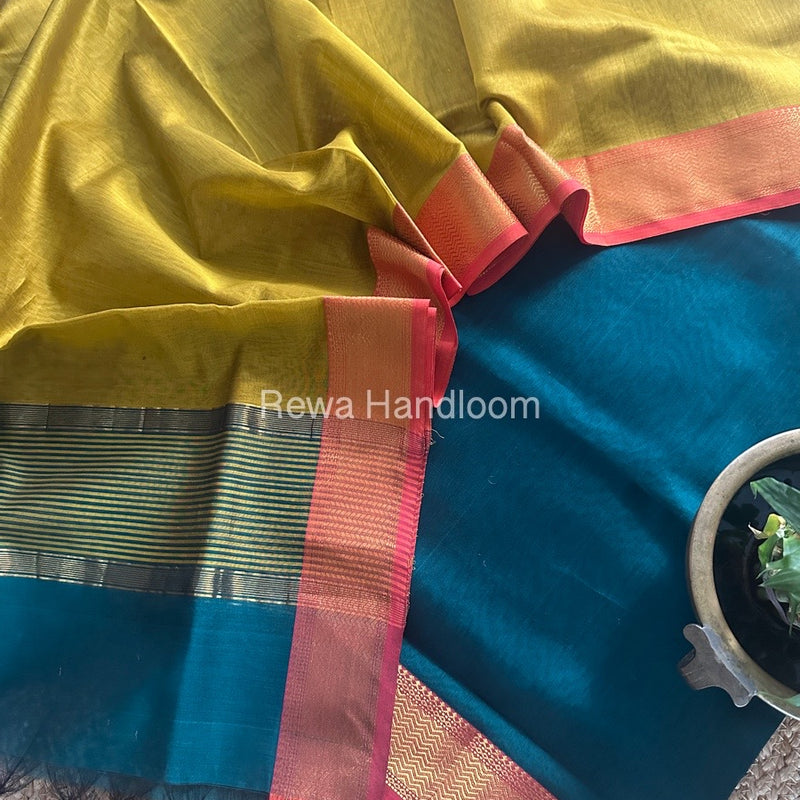 Maheshwari Rama Green-Mustard Yellow Zari Border Dress Material BRD042