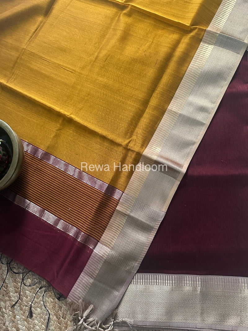 Maheshwari Wine-Mustard Zari Border Dress Material BRD043