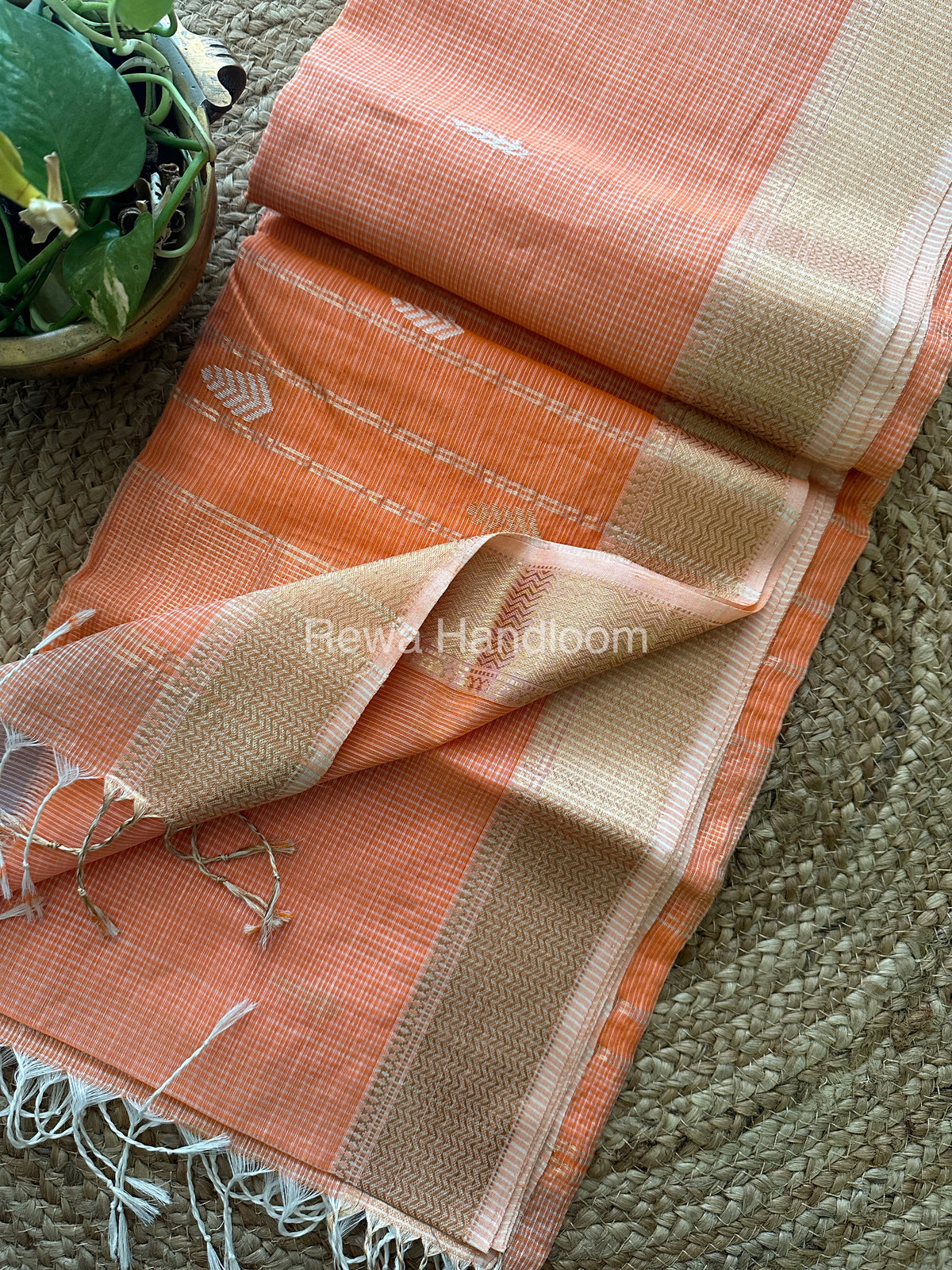 Peach Orange Zari Butti ~ Maheshwari Saree-KJS08