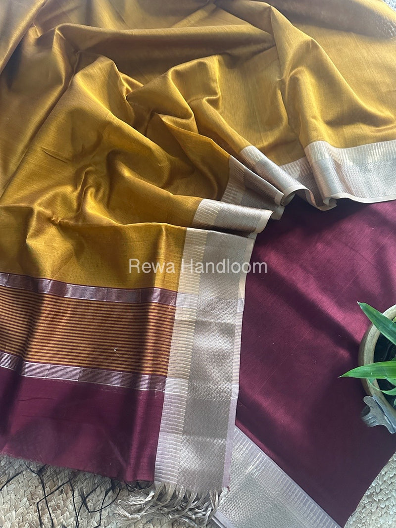 Maheshwari Wine-Mustard Zari Border Dress Material BRD043