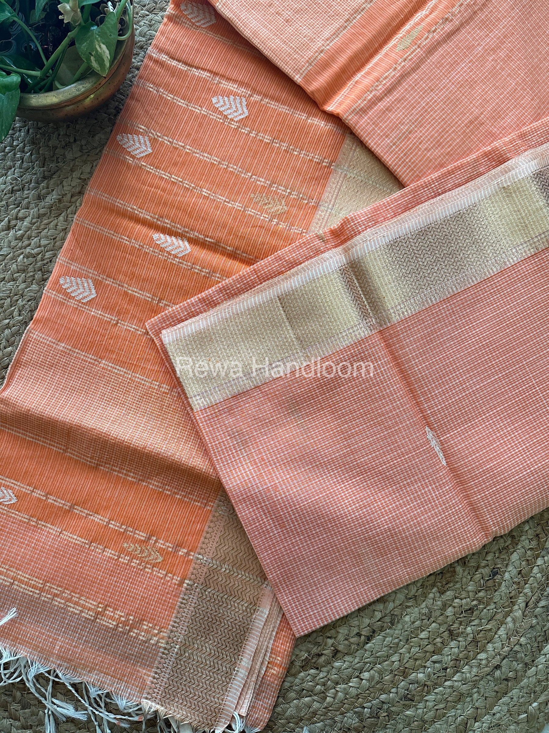 Peach Orange Zari Butti ~ Maheshwari Saree-KJS08