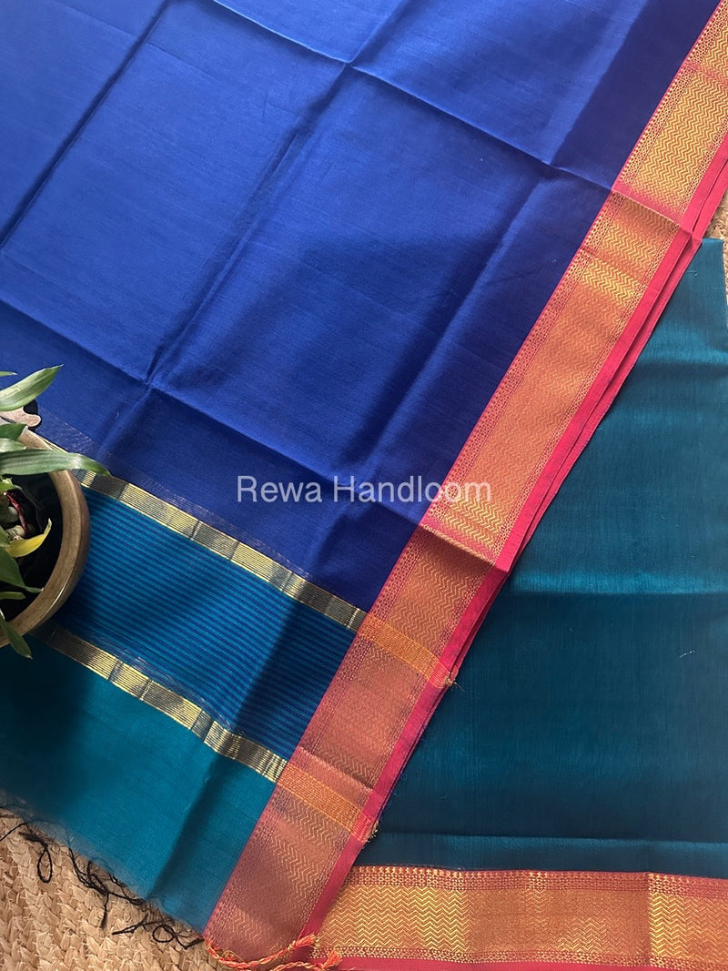 Maheshwari Morpankhi-Dark Blue Zari Border Dress Material BRD048