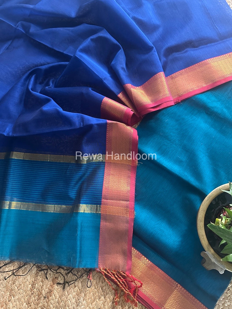 Maheshwari Morpankhi-Dark Blue Zari Border Dress Material BRD048