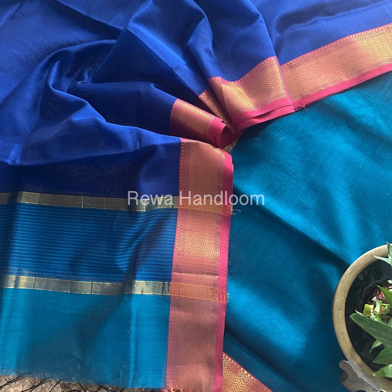 Maheshwari Morpankhi-Dark Blue Zari Border Dress Material BRD048