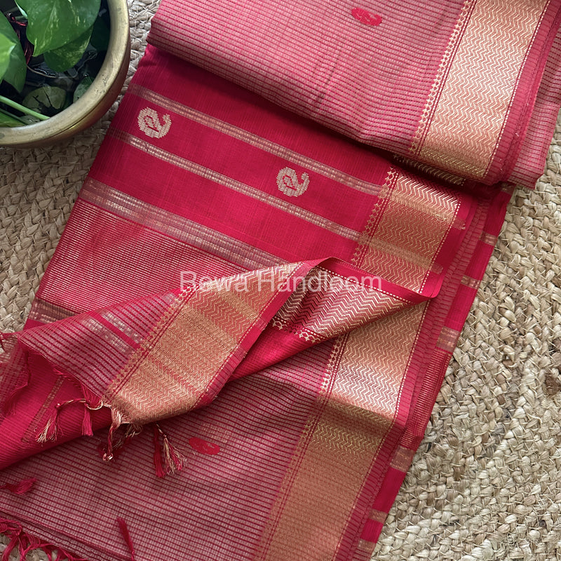 Peach Red Zari Butti ~ Maheshwari Saree-KJS013