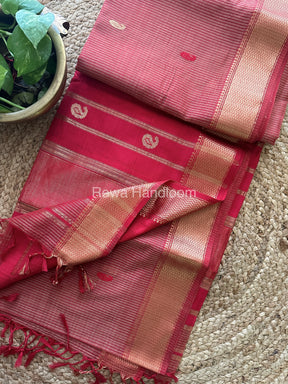 Peach Red Zari Butti ~ Maheshwari Saree-KJS013