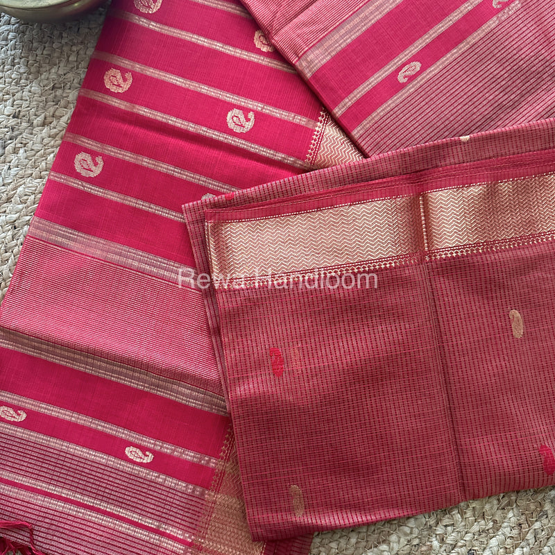 Peach Red Zari Butti ~ Maheshwari Saree-KJS013