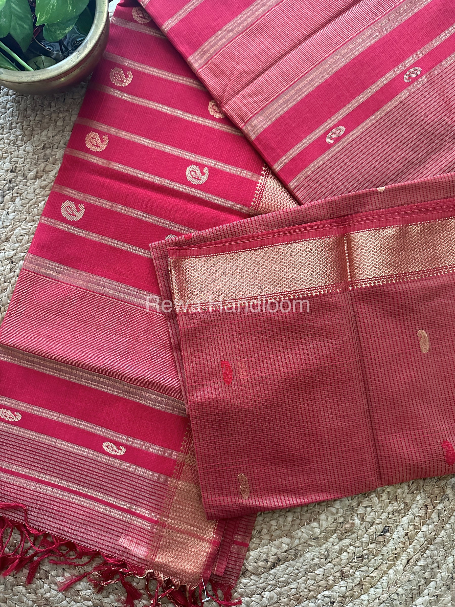 Peach Red Zari Butti ~ Maheshwari Saree-KJS013