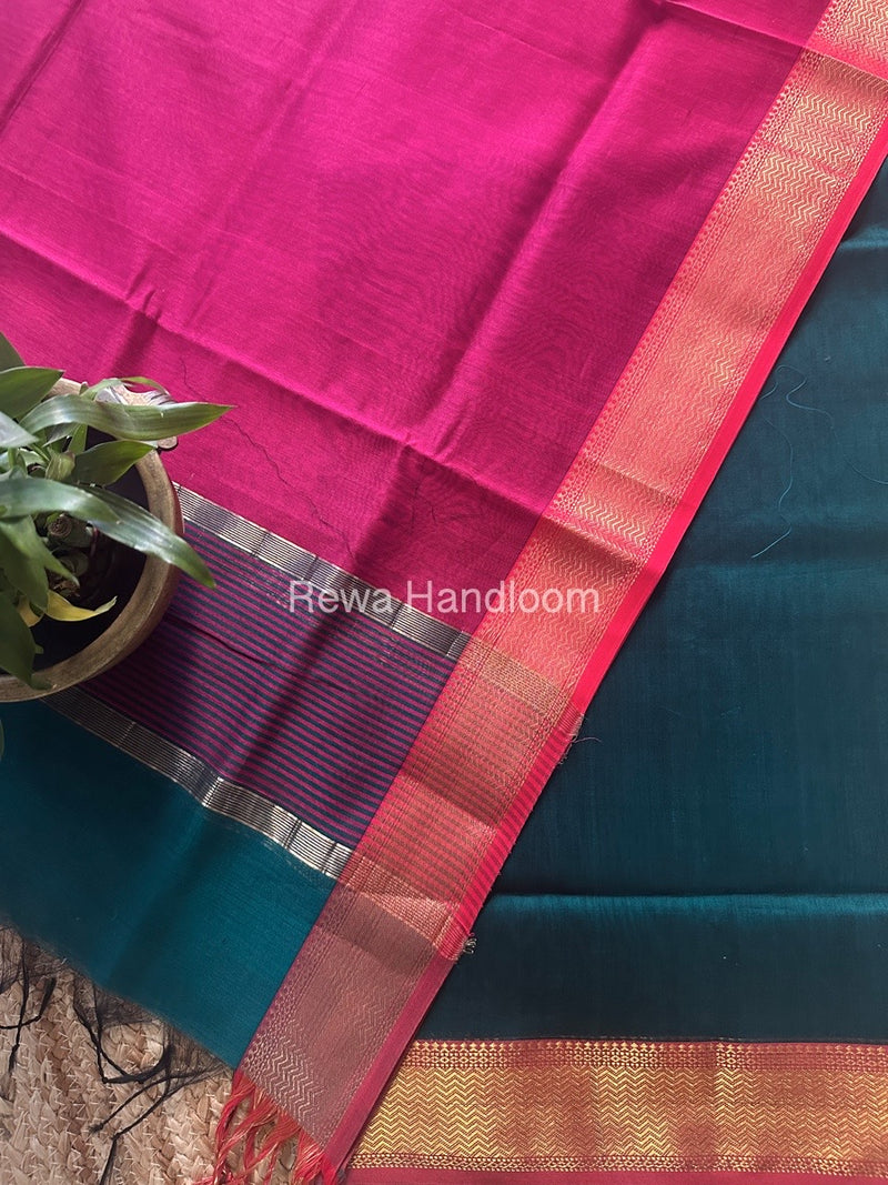 Maheshwari Rama Green-Rani pink Zari Border Dress Material BRD047