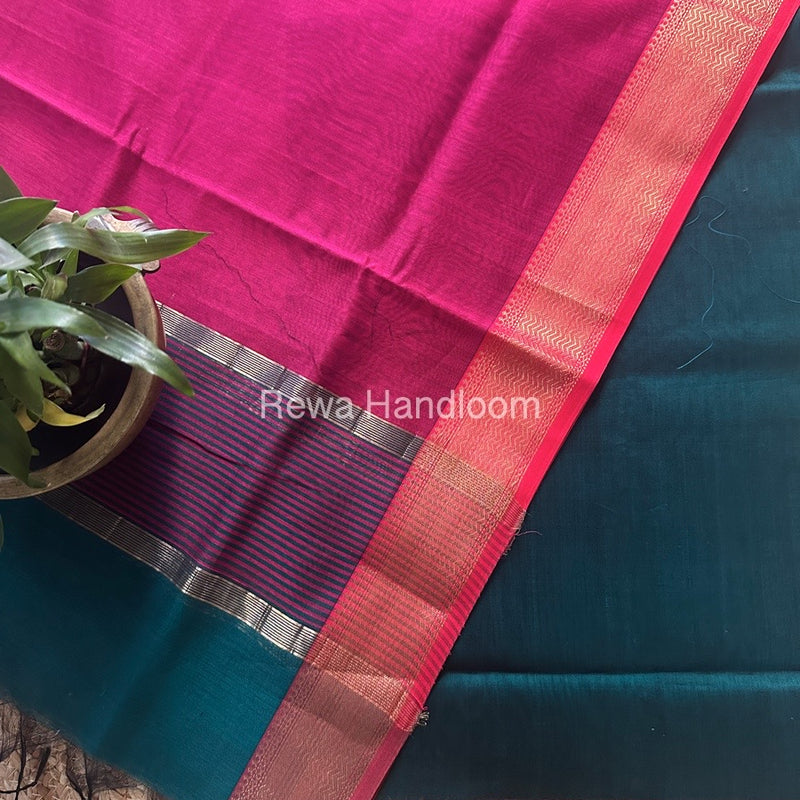 Maheshwari Rama Green-Rani pink Zari Border Dress Material BRD047