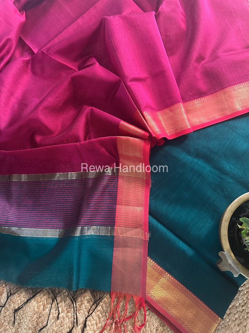 Maheshwari Rama Green-Rani pink Zari Border Dress Material BRD047