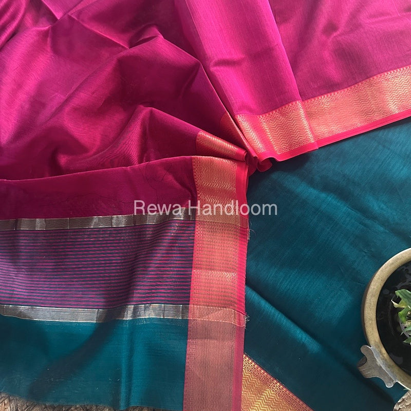 Maheshwari Rama Green-Rani pink Zari Border Dress Material BRD047
