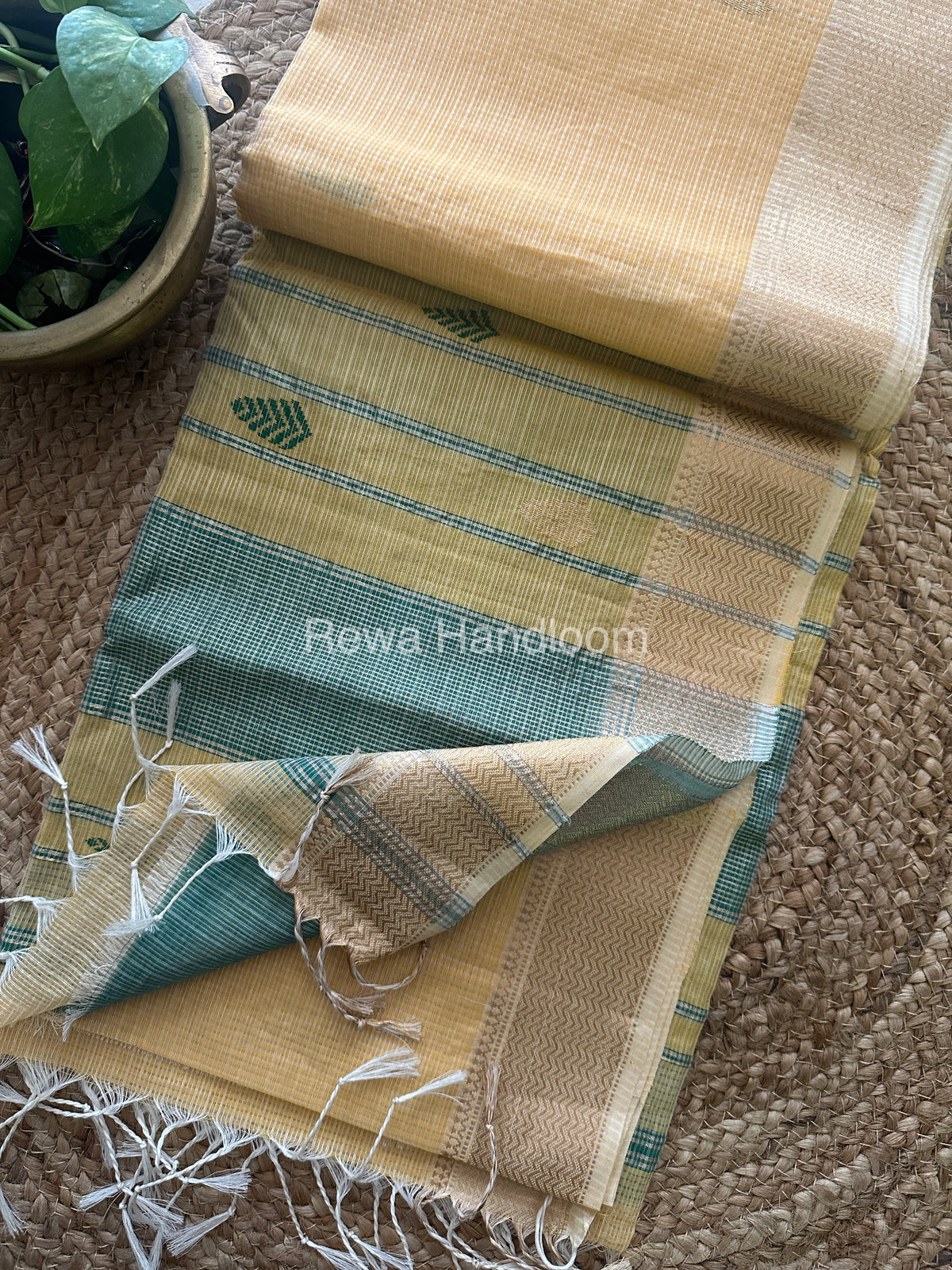 Yellow Green Zari Butti ~ Maheshwari Saree-KJS010