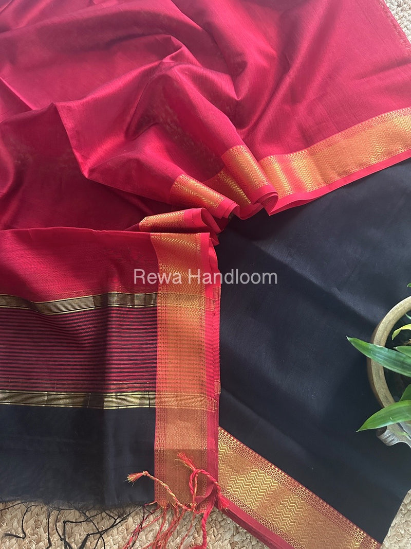 Maheshwari Black-Red Zari Border Dress Material BRD046