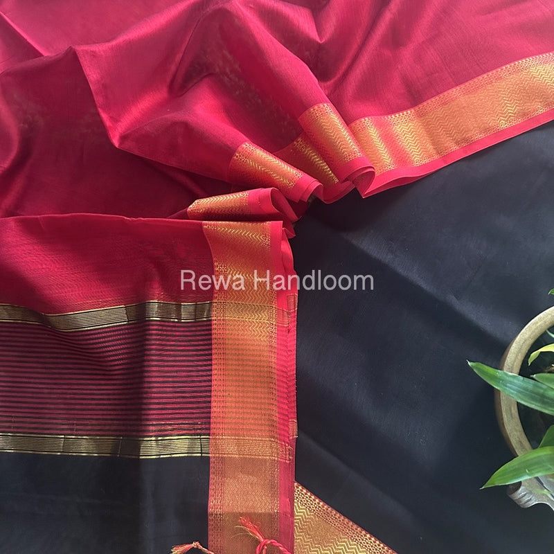 Maheshwari Black-Red Zari Border Dress Material BRD046