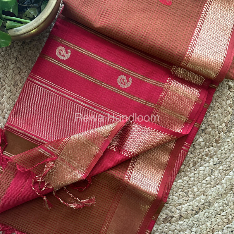 Green Red Zari Butti ~ Maheshwari Saree-KJS017