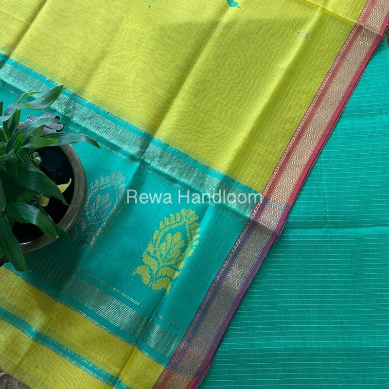 Maheshwari Sea Green-Yellow Motifs Top-Dupatta Set MS0188