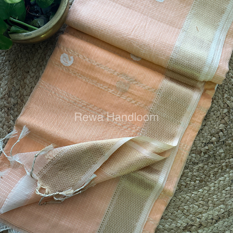 Papaya Peach Zari Butti ~ Maheshwari Saree-KJS018