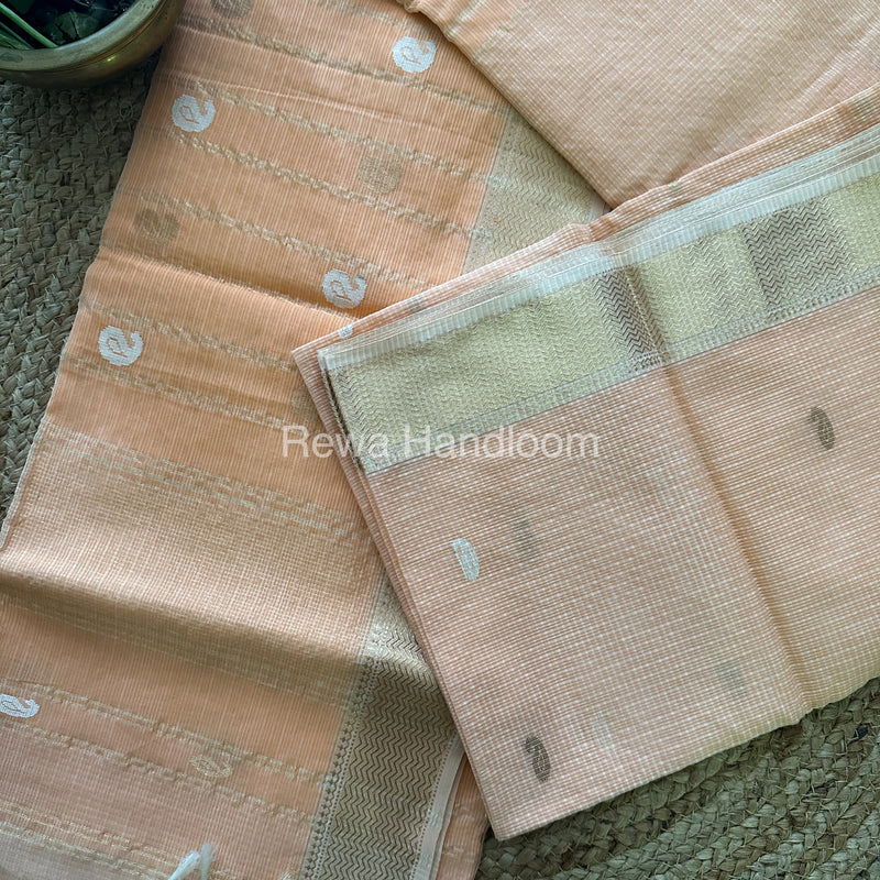 Papaya Peach Zari Butti ~ Maheshwari Saree-KJS018