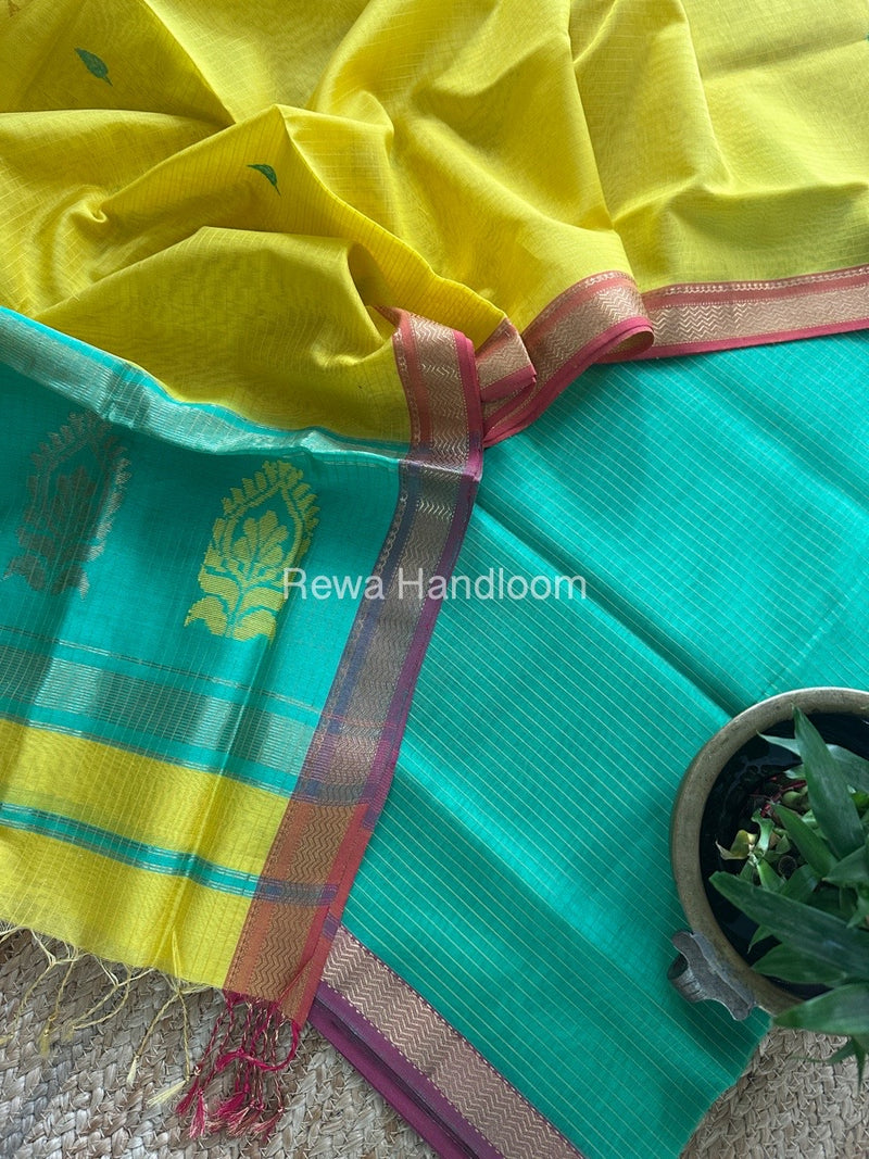 Maheshwari Sea Green-Yellow Motifs Top-Dupatta Set MS0188