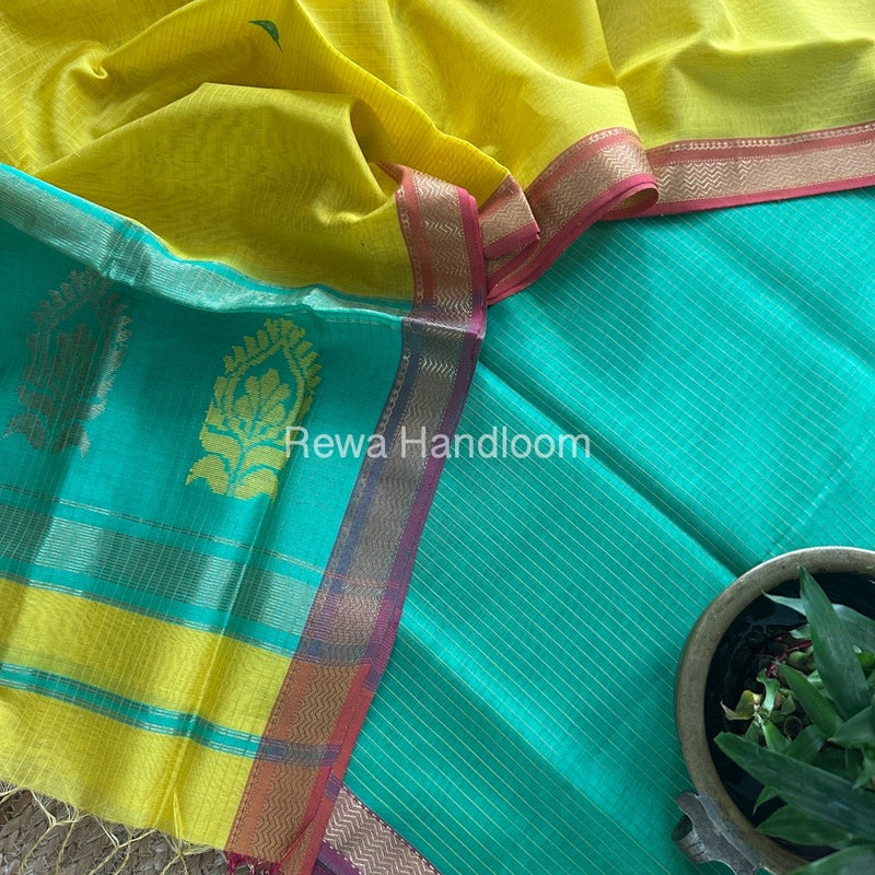 Maheshwari Sea Green-Yellow Motifs Top-Dupatta Set MS0188