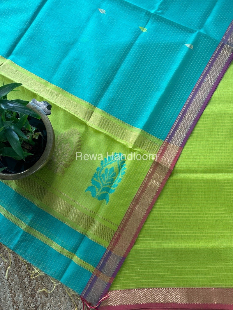 Maheshwari Parrot Green-Sea Green Motifs Top-Dupatta Set MS0190