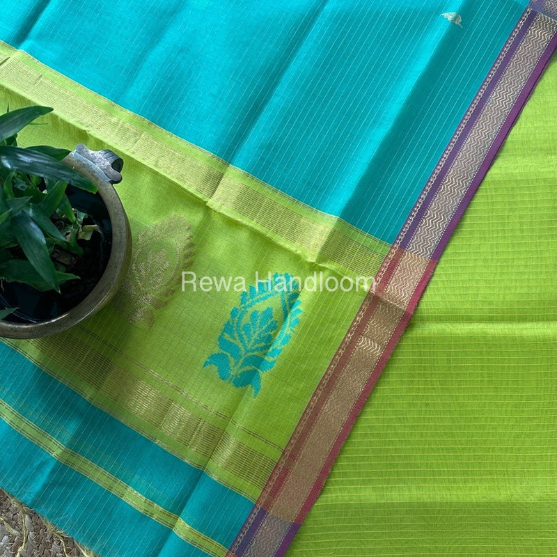 Maheshwari Parrot Green-Sea Green Motifs Top-Dupatta Set MS0190