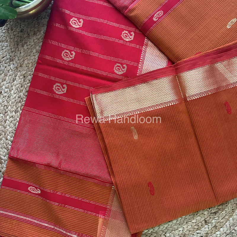 Green Red Zari Butti ~ Maheshwari Saree-KJS016