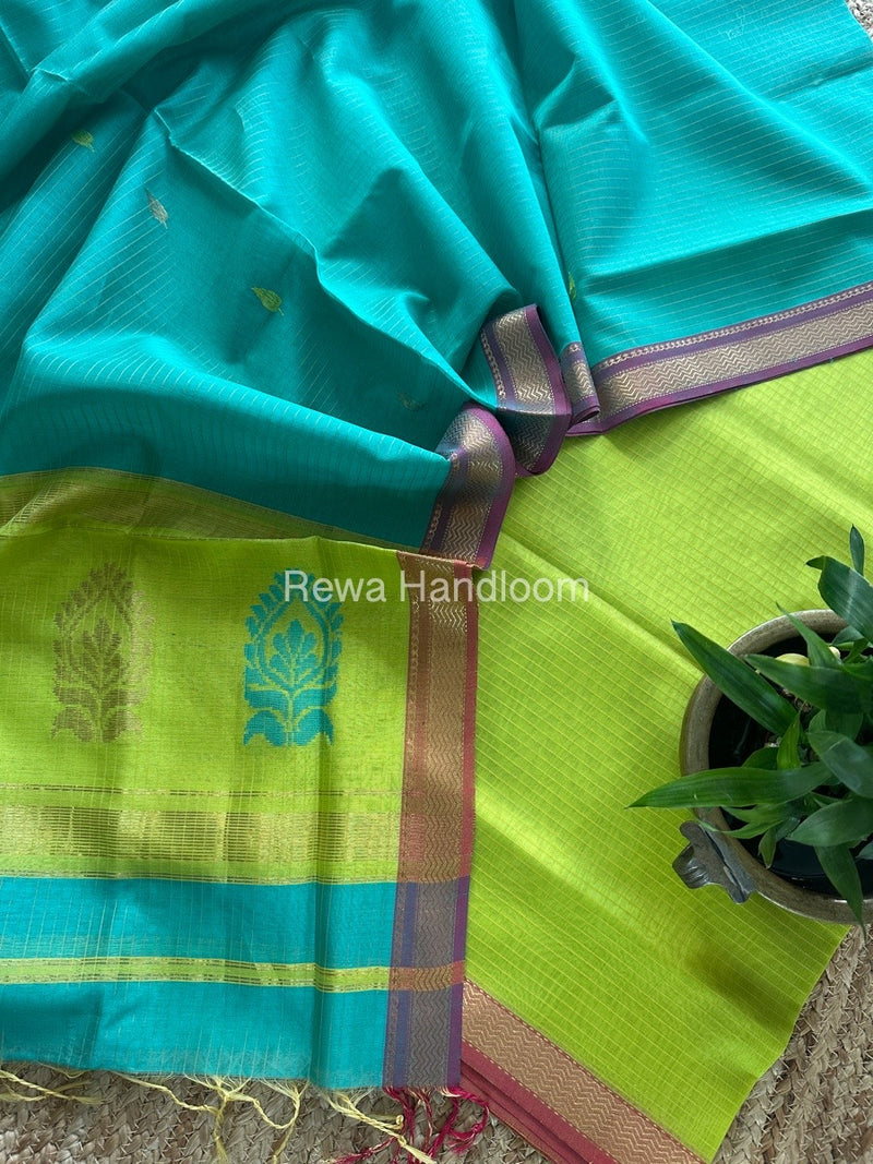 Maheshwari Parrot Green-Sea Green Motifs Top-Dupatta Set MS0190