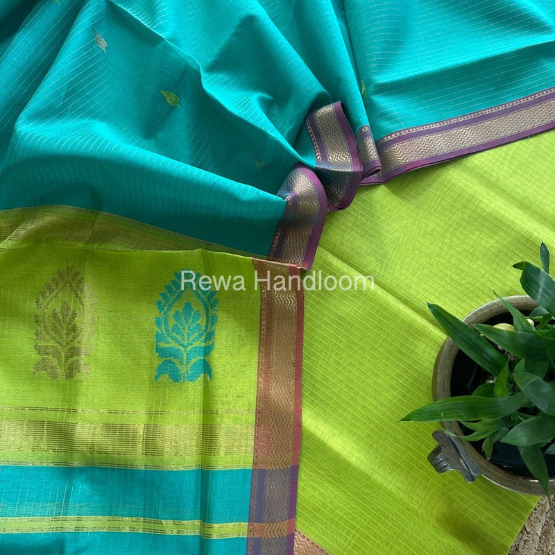 Maheshwari Parrot Green-Sea Green Motifs Top-Dupatta Set MS0190