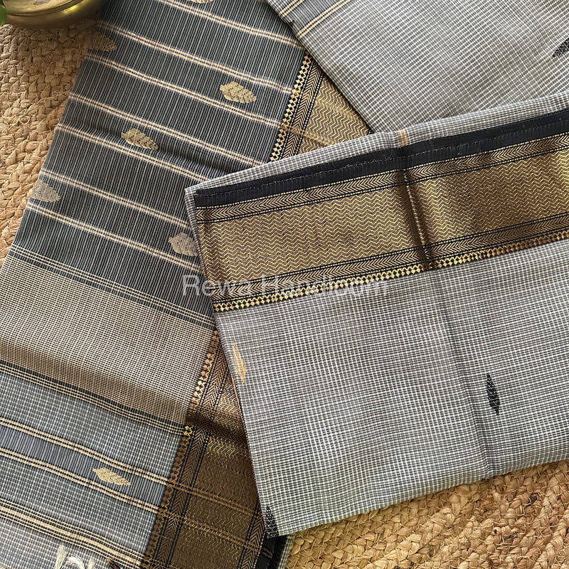 Grey Black Zari Butti ~ Maheshwari Saree-KJS015