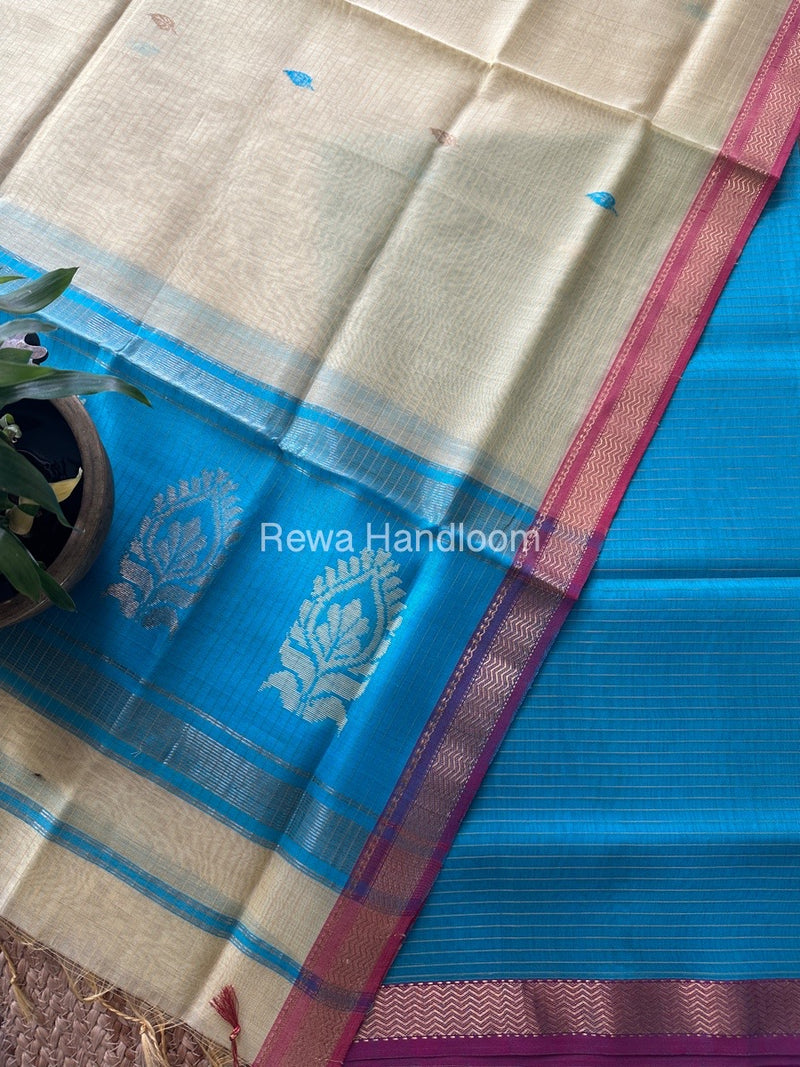 Maheshwari Sky Blue-Light Yellow Motifs Top-Dupatta Set MS0194