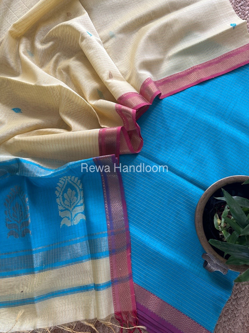 Maheshwari Sky Blue-Light Yellow Motifs Top-Dupatta Set MS0194