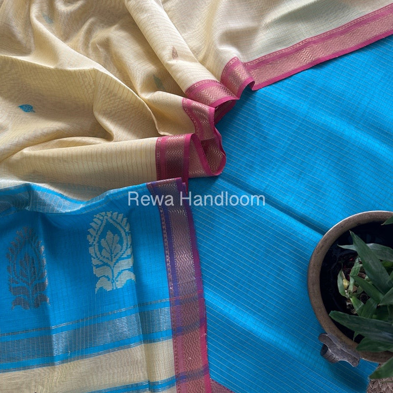 Maheshwari Sky Blue-Light Yellow Motifs Top-Dupatta Set MS0194