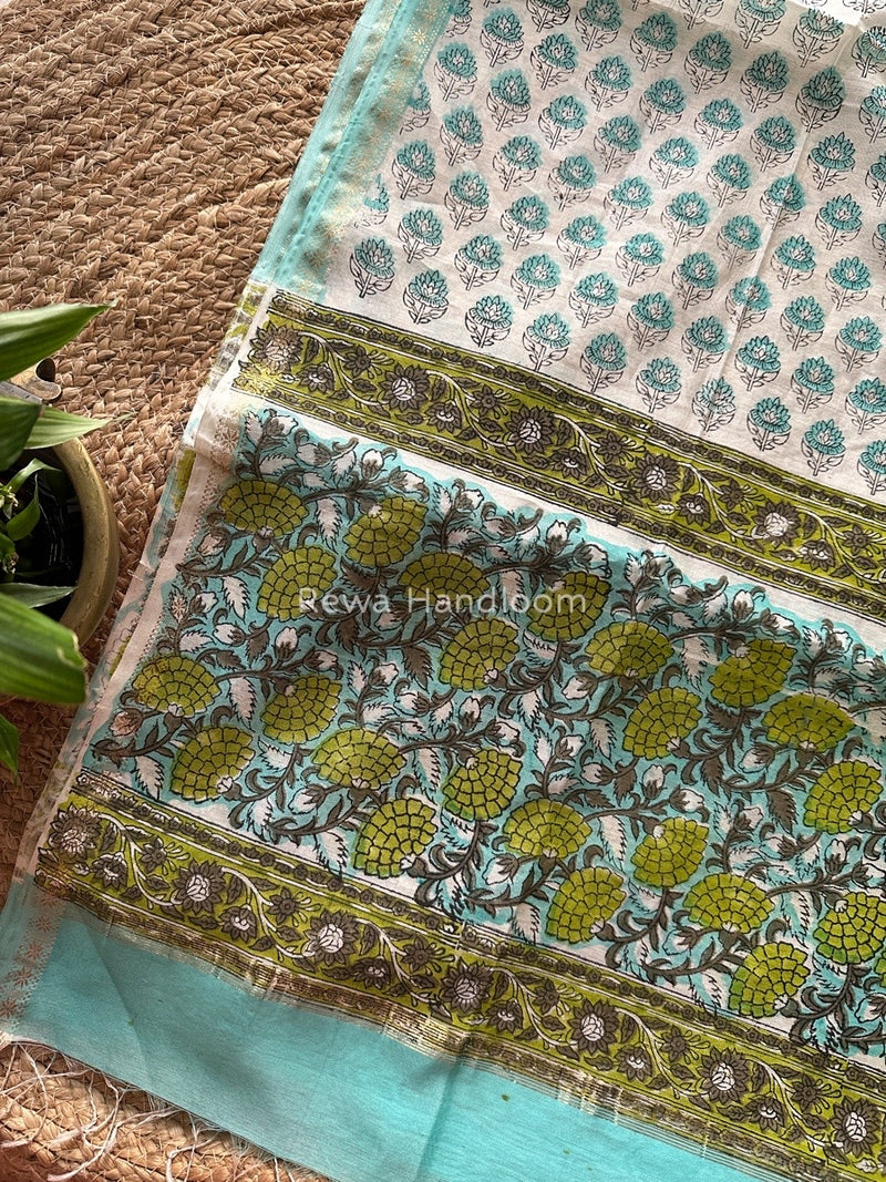 Maheshwari Sea Green Hand Block Printed Dupatta HD015