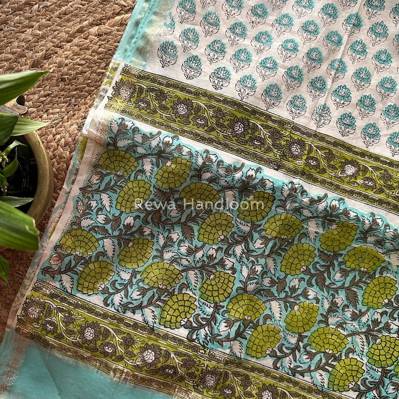 Maheshwari Sea Green Hand Block Printed Dupatta HD015