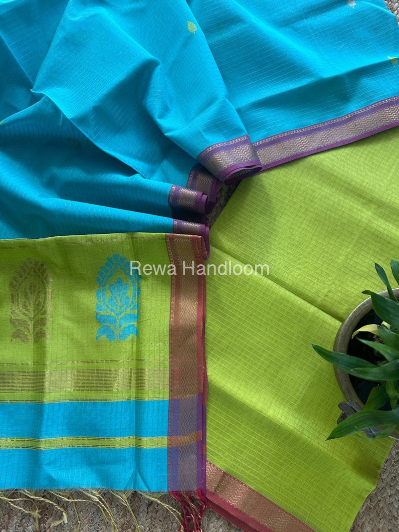 Maheshwari Green-Blue Motifs Top-Dupatta Set MS0193