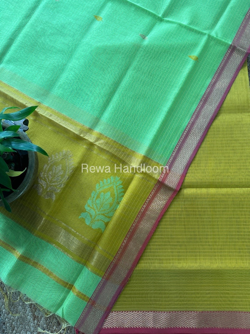Maheshwari Turmeric Yellow-Parrot Green Motifs Top-Dupatta Set MS0192