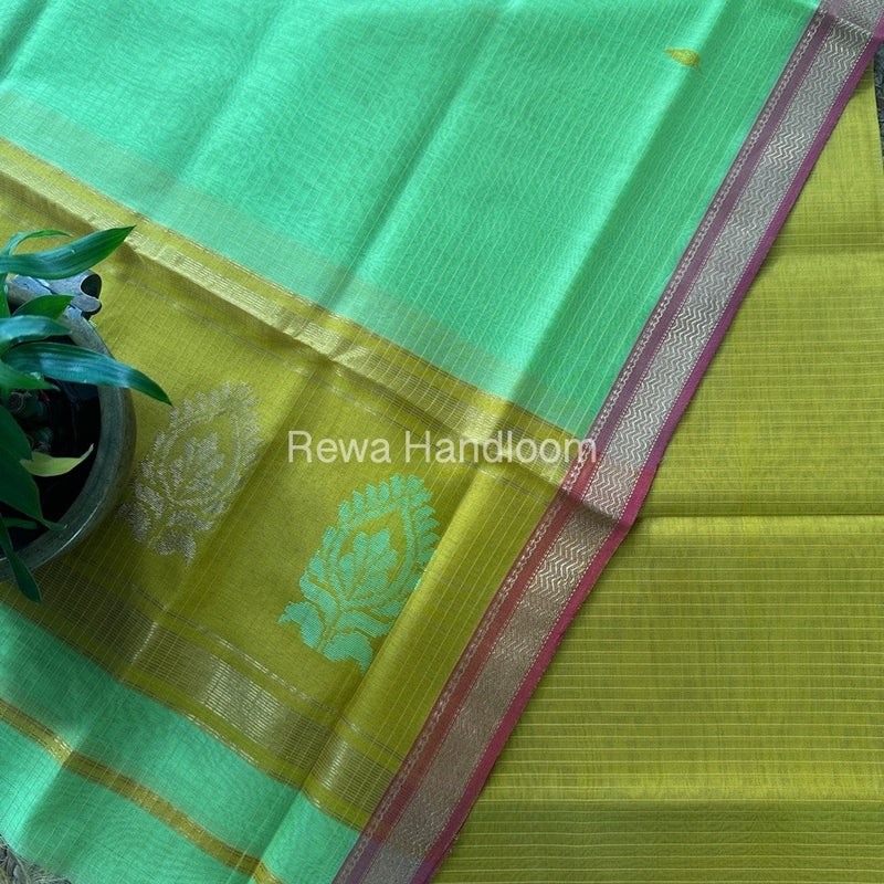 Maheshwari Turmeric Yellow-Parrot Green Motifs Top-Dupatta Set MS0192