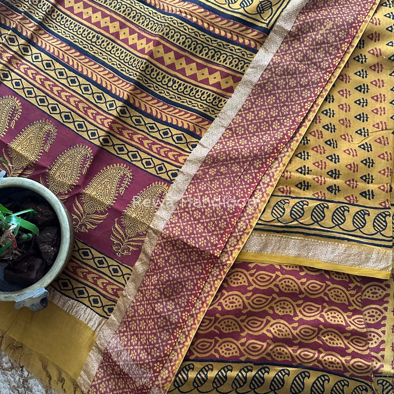 Maheshwari Mustard Yellow Bagh Print Suit BSP0144