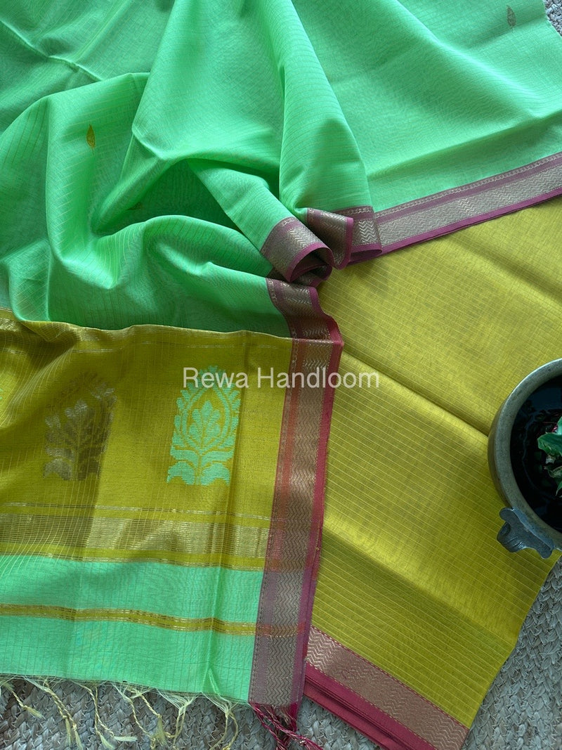 Maheshwari Turmeric Yellow-Parrot Green Motifs Top-Dupatta Set MS0192