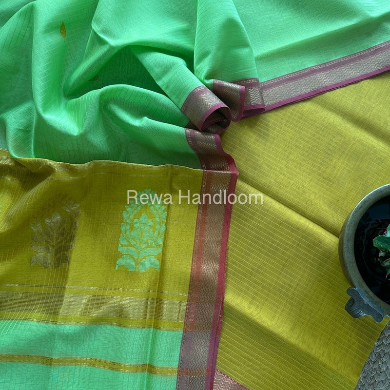 Maheshwari Turmeric Yellow-Parrot Green Motifs Top-Dupatta Set MS0192